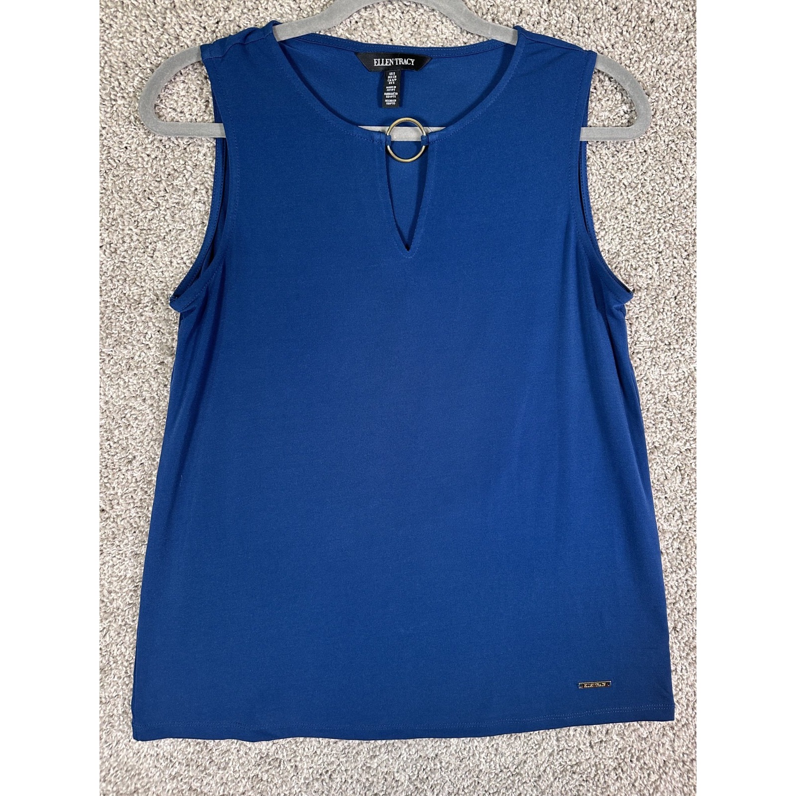 Ellen Tracy Canglo Top Blue Size S Sleeveless Stretch Logo Minimalist Casual